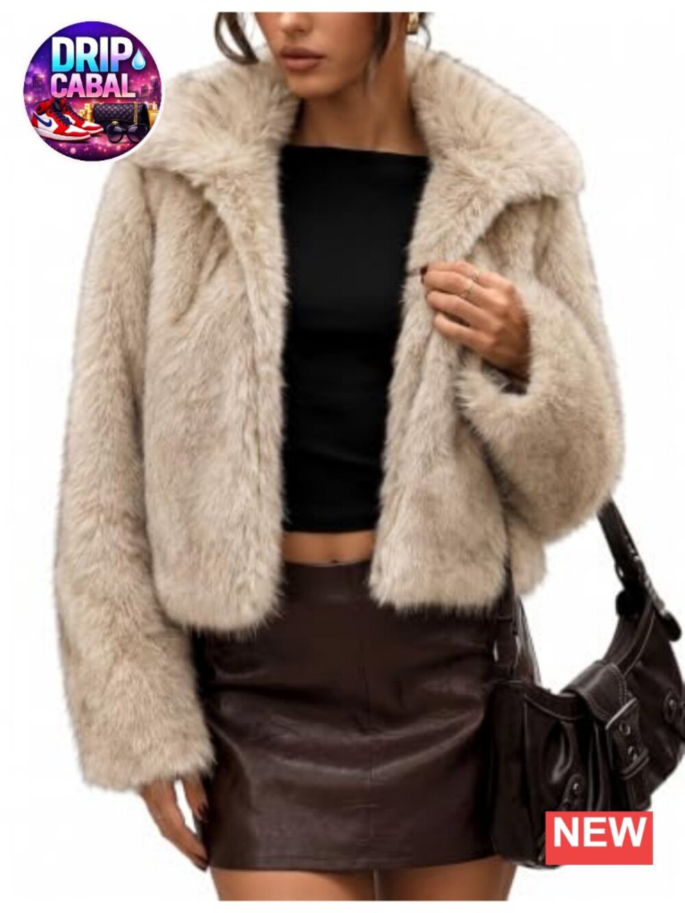 Faux Fur Coat Cropped Fluffy Jacket with Lapel Collar and Pockets